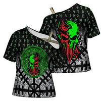 Flaming Skull Cross Shoulder Shirt with Green Runes and Norse Symbols Viking Warrior Tribute - Wonder Print Shop