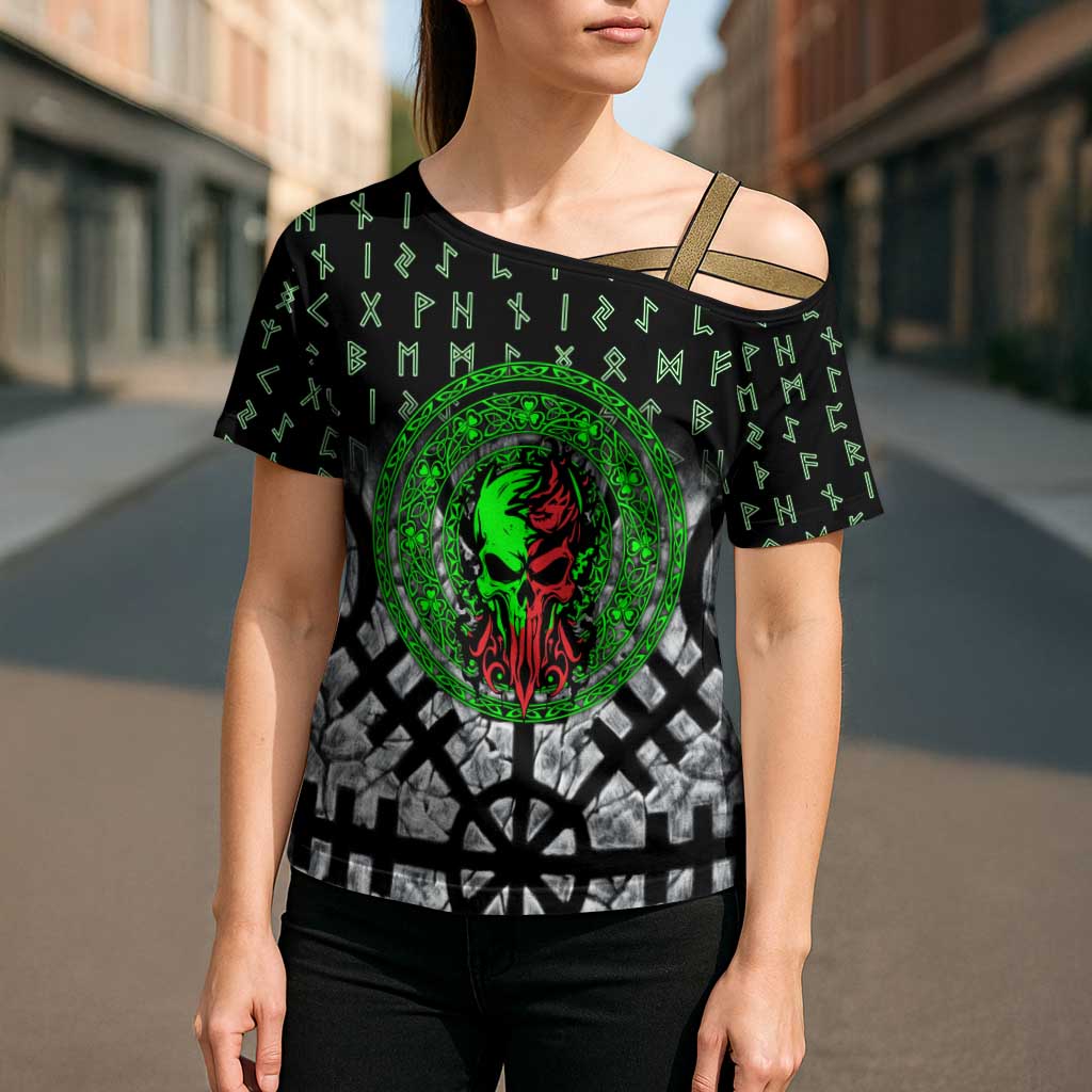Flaming Skull Cross Shoulder Shirt with Green Runes and Norse Symbols Viking Warrior Tribute - Wonder Print Shop