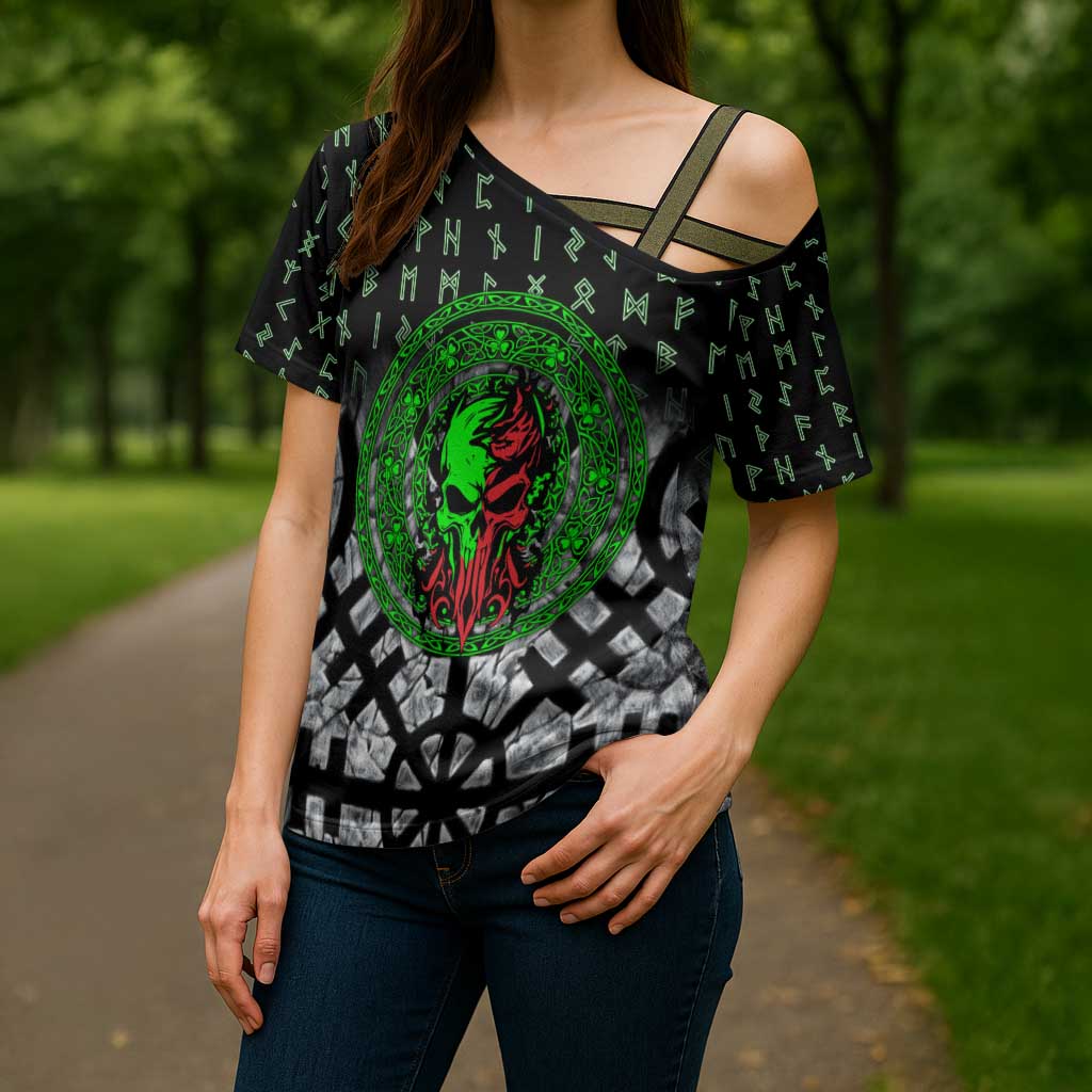 Flaming Skull Cross Shoulder Shirt with Green Runes and Norse Symbols Viking Warrior Tribute - Wonder Print Shop