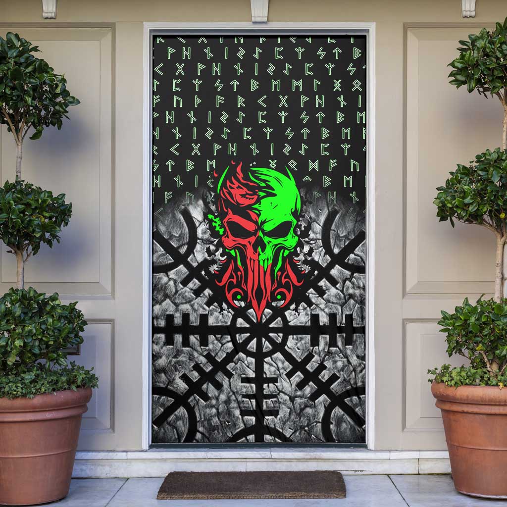 Flaming Skull Door Cover with Green Runes and Norse Symbols Viking Warrior Tribute - Wonder Print Shop