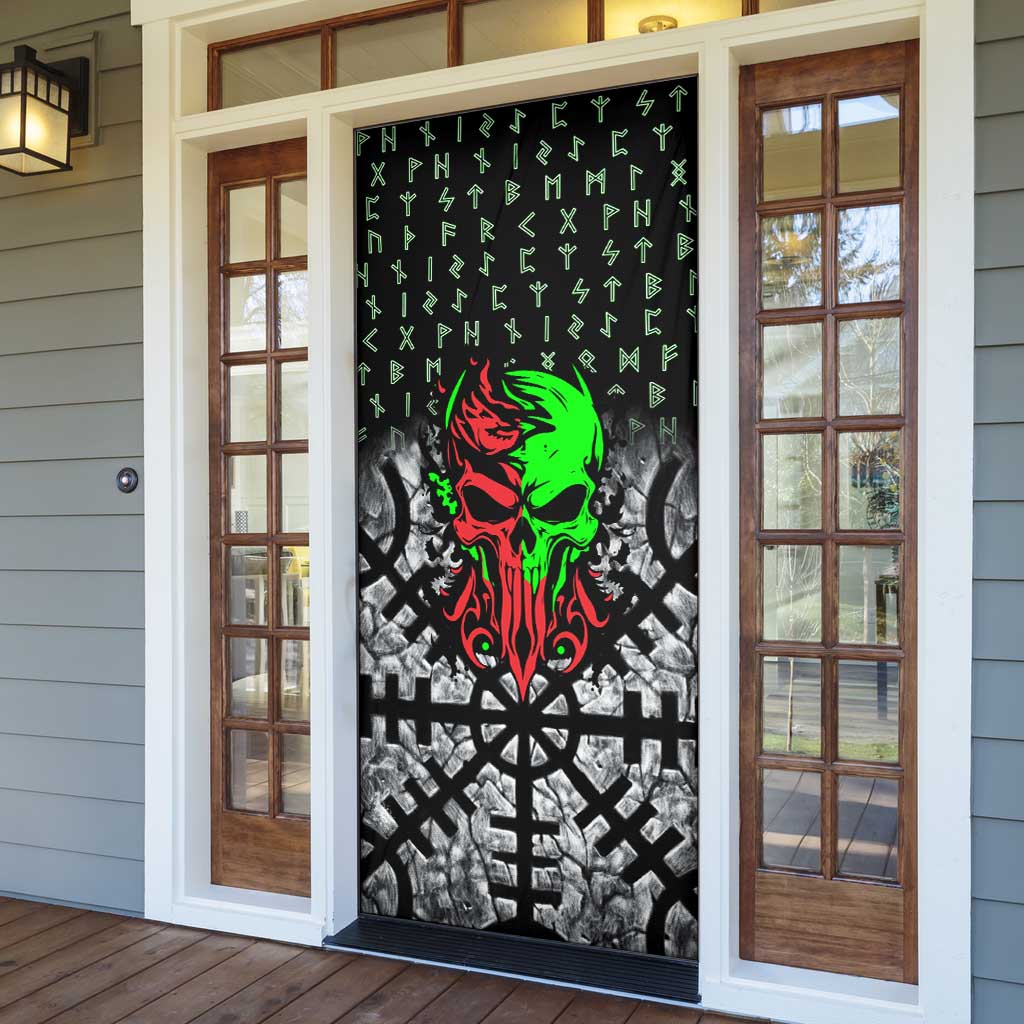 Flaming Skull Door Cover with Green Runes and Norse Symbols Viking Warrior Tribute - Wonder Print Shop