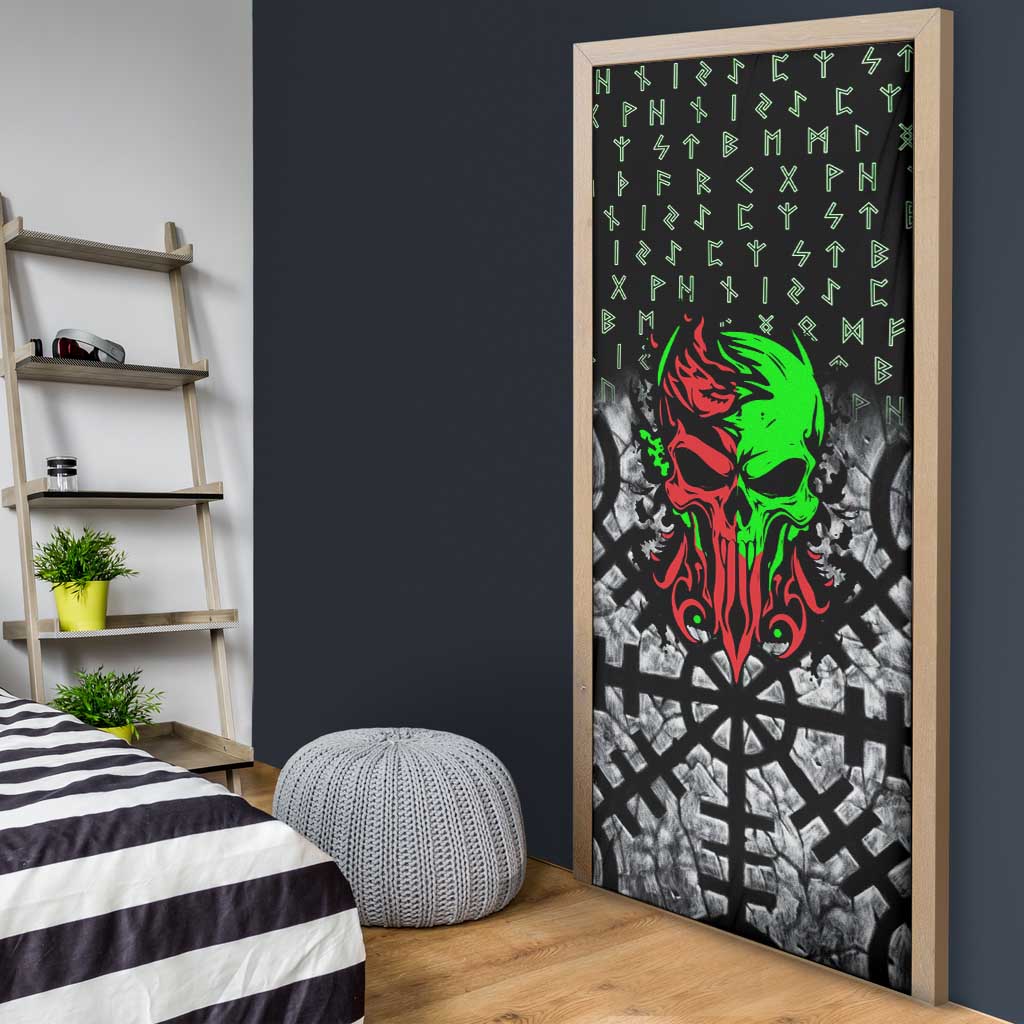 Flaming Skull Door Cover with Green Runes and Norse Symbols Viking Warrior Tribute - Wonder Print Shop