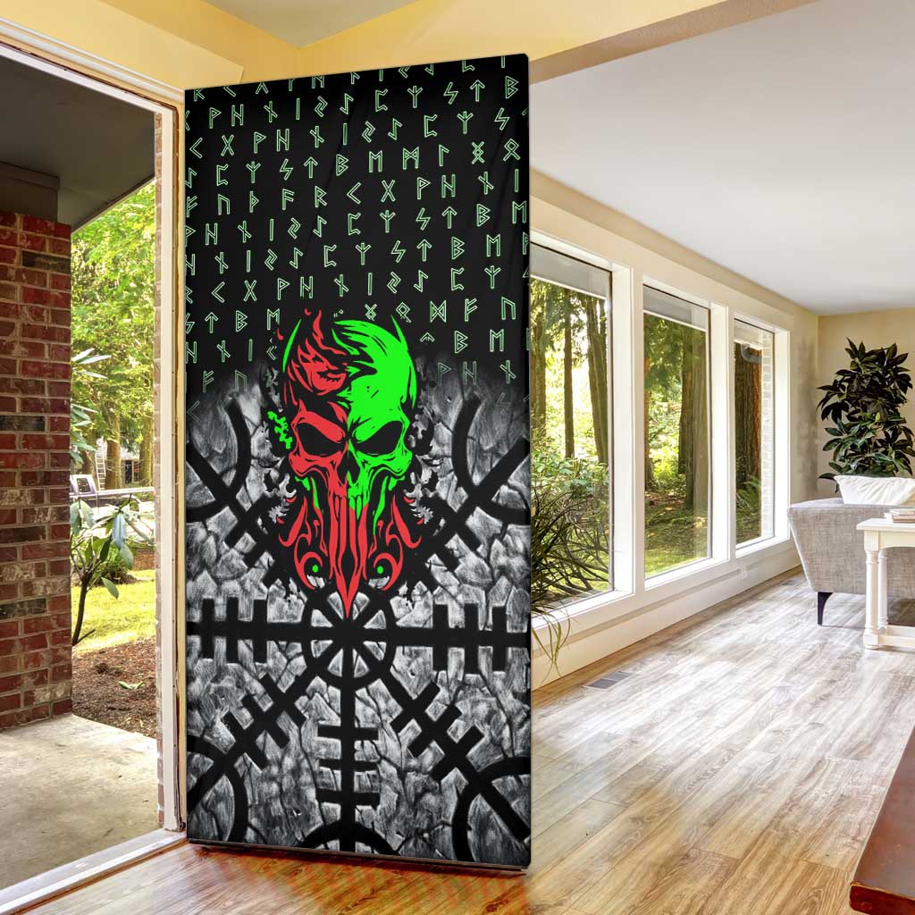 Flaming Skull Door Cover with Green Runes and Norse Symbols Viking Warrior Tribute - Wonder Print Shop