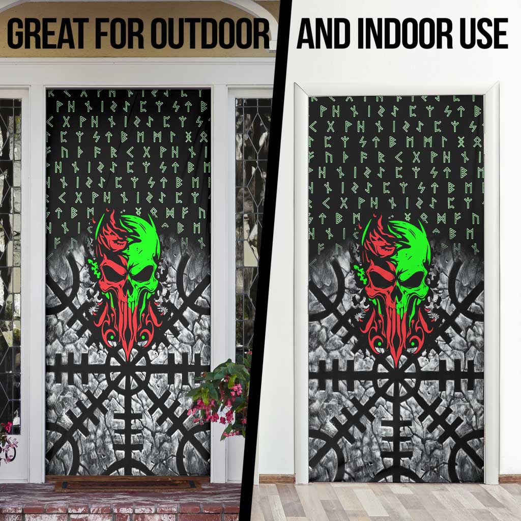 Flaming Skull Door Cover with Green Runes and Norse Symbols Viking Warrior Tribute - Wonder Print Shop