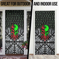Flaming Skull Door Cover with Green Runes and Norse Symbols Viking Warrior Tribute - Wonder Print Shop