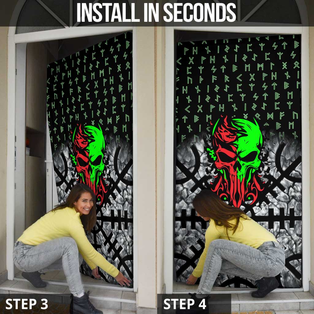 Flaming Skull Door Cover with Green Runes and Norse Symbols Viking Warrior Tribute - Wonder Print Shop