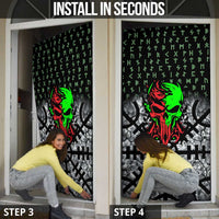 Flaming Skull Door Cover with Green Runes and Norse Symbols Viking Warrior Tribute - Wonder Print Shop