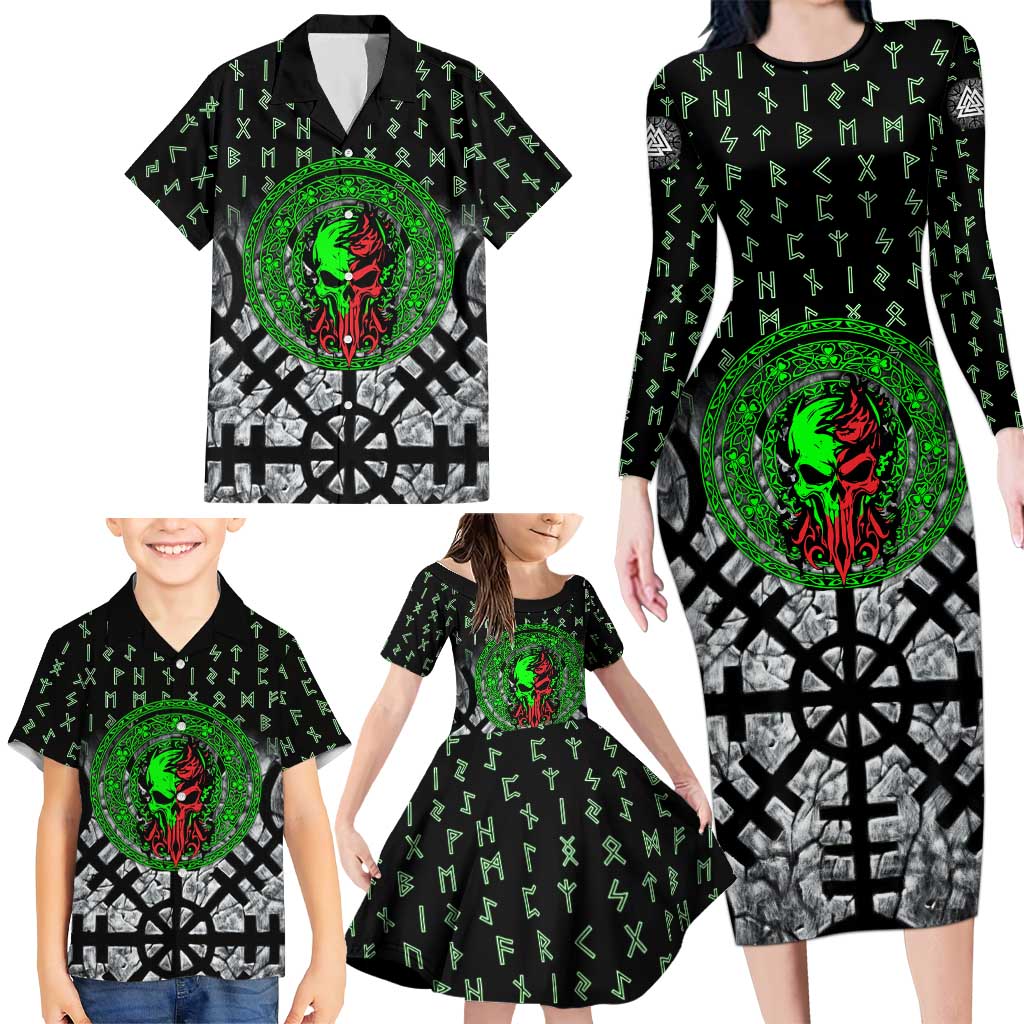 Flaming Skull Family Matching Long Sleeve Bodycon Dress and Hawaiian Shirt with Green Runes and Norse Symbols Viking Warrior Tribute - Wonder Print Shop