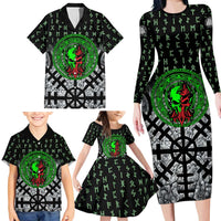 Flaming Skull Family Matching Long Sleeve Bodycon Dress and Hawaiian Shirt with Green Runes and Norse Symbols Viking Warrior Tribute - Wonder Print Shop