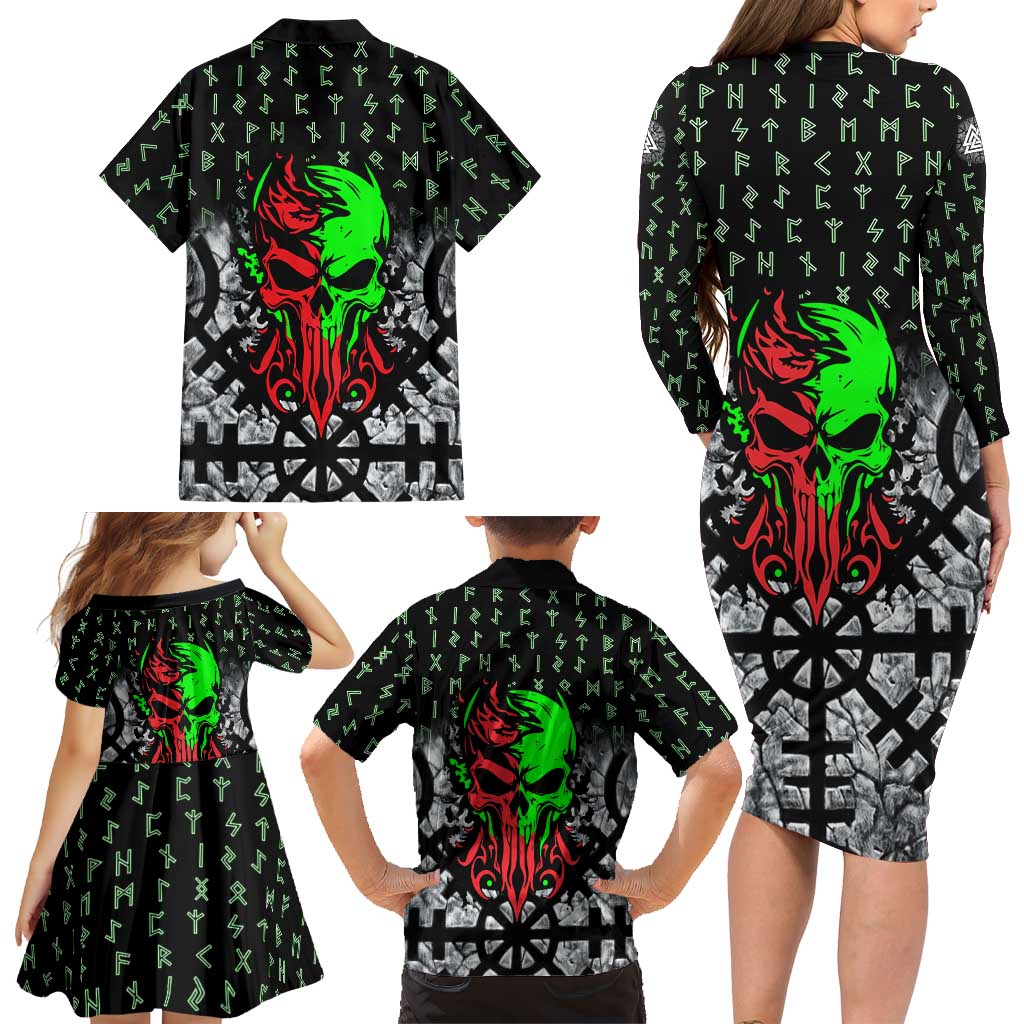 Flaming Skull Family Matching Long Sleeve Bodycon Dress and Hawaiian Shirt with Green Runes and Norse Symbols Viking Warrior Tribute - Wonder Print Shop