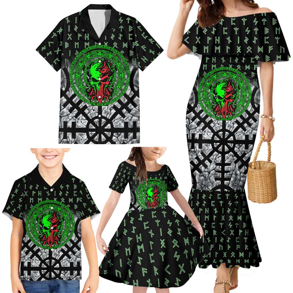Flaming Skull Family Matching Mermaid Dress and Hawaiian Shirt with Green Runes and Norse Symbols Viking Warrior Tribute - Wonder Print Shop