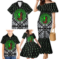 Flaming Skull Family Matching Mermaid Dress and Hawaiian Shirt with Green Runes and Norse Symbols Viking Warrior Tribute - Wonder Print Shop
