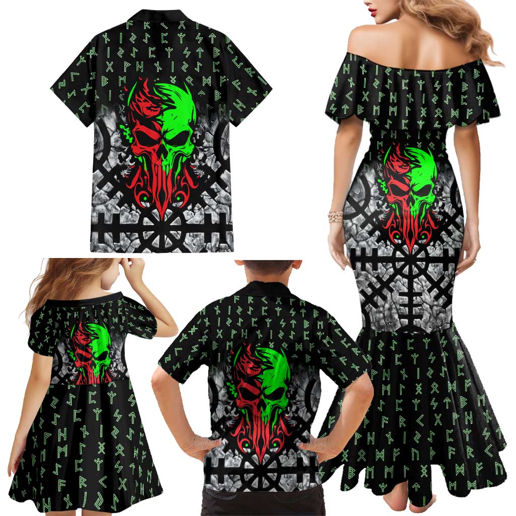 Flaming Skull Family Matching Mermaid Dress and Hawaiian Shirt with Green Runes and Norse Symbols Viking Warrior Tribute - Wonder Print Shop