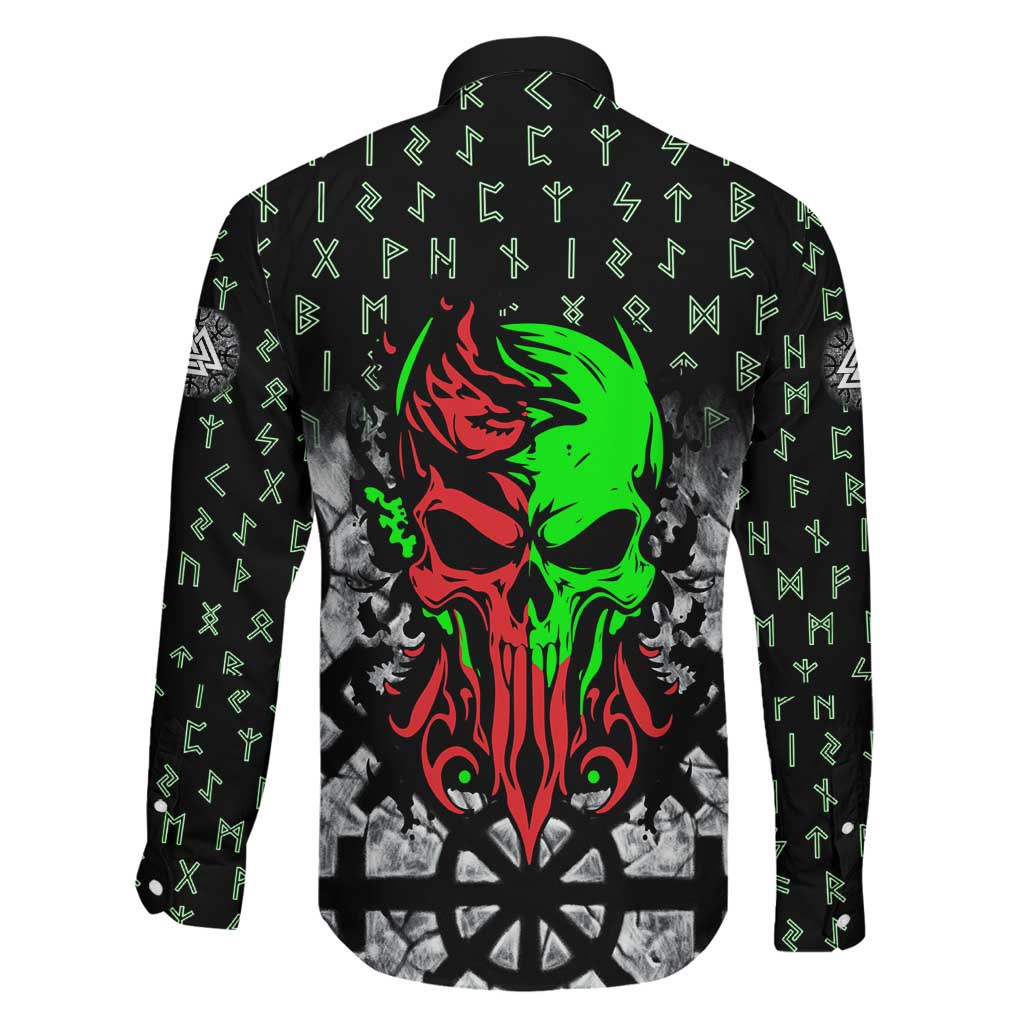 Flaming Skull Family Matching Mermaid Dress and Hawaiian Shirt with Green Runes and Norse Symbols Viking Warrior Tribute - Wonder Print Shop