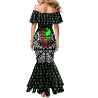 Flaming Skull Family Matching Mermaid Dress and Hawaiian Shirt with Green Runes and Norse Symbols Viking Warrior Tribute - Wonder Print Shop