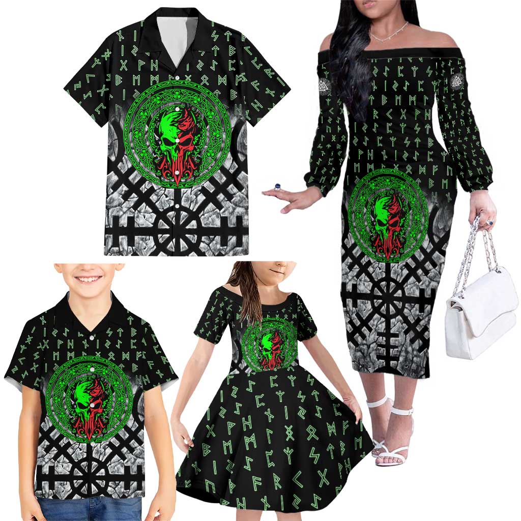 Flaming Skull Family Matching Off The Shoulder Long Sleeve Dress and Hawaiian Shirt with Green Runes and Norse Symbols Viking Warrior Tribute - Wonder Print Shop