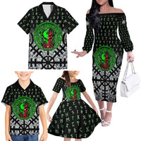 Flaming Skull Family Matching Off The Shoulder Long Sleeve Dress and Hawaiian Shirt with Green Runes and Norse Symbols Viking Warrior Tribute - Wonder Print Shop
