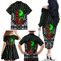 Flaming Skull Family Matching Off The Shoulder Long Sleeve Dress and Hawaiian Shirt with Green Runes and Norse Symbols Viking Warrior Tribute - Wonder Print Shop