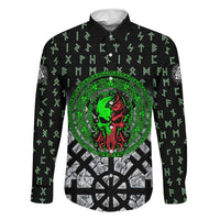 Flaming Skull Family Matching Off The Shoulder Long Sleeve Dress and Hawaiian Shirt with Green Runes and Norse Symbols Viking Warrior Tribute - Wonder Print Shop