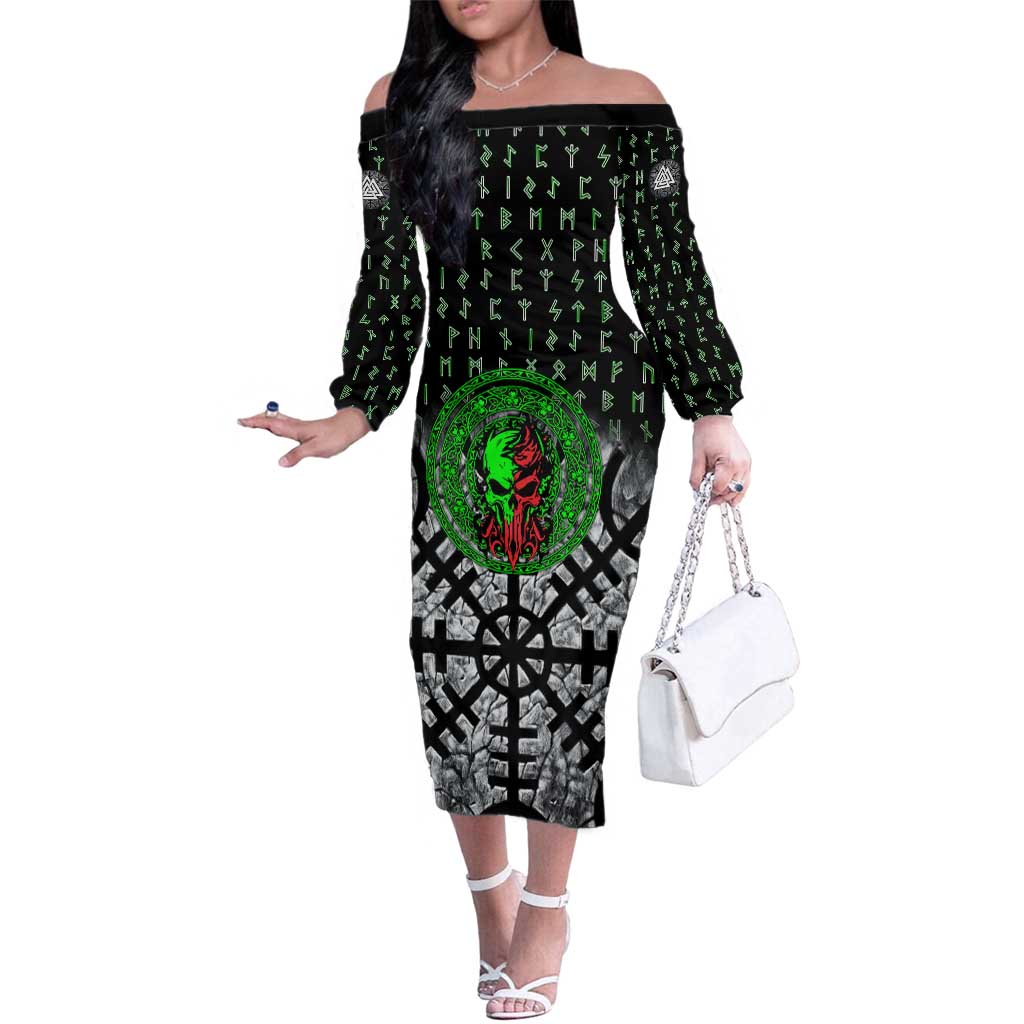 Flaming Skull Family Matching Off The Shoulder Long Sleeve Dress and Hawaiian Shirt with Green Runes and Norse Symbols Viking Warrior Tribute - Wonder Print Shop