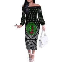 Flaming Skull Family Matching Off The Shoulder Long Sleeve Dress and Hawaiian Shirt with Green Runes and Norse Symbols Viking Warrior Tribute - Wonder Print Shop