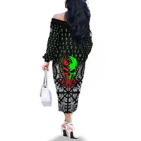 Flaming Skull Family Matching Off The Shoulder Long Sleeve Dress and Hawaiian Shirt with Green Runes and Norse Symbols Viking Warrior Tribute - Wonder Print Shop