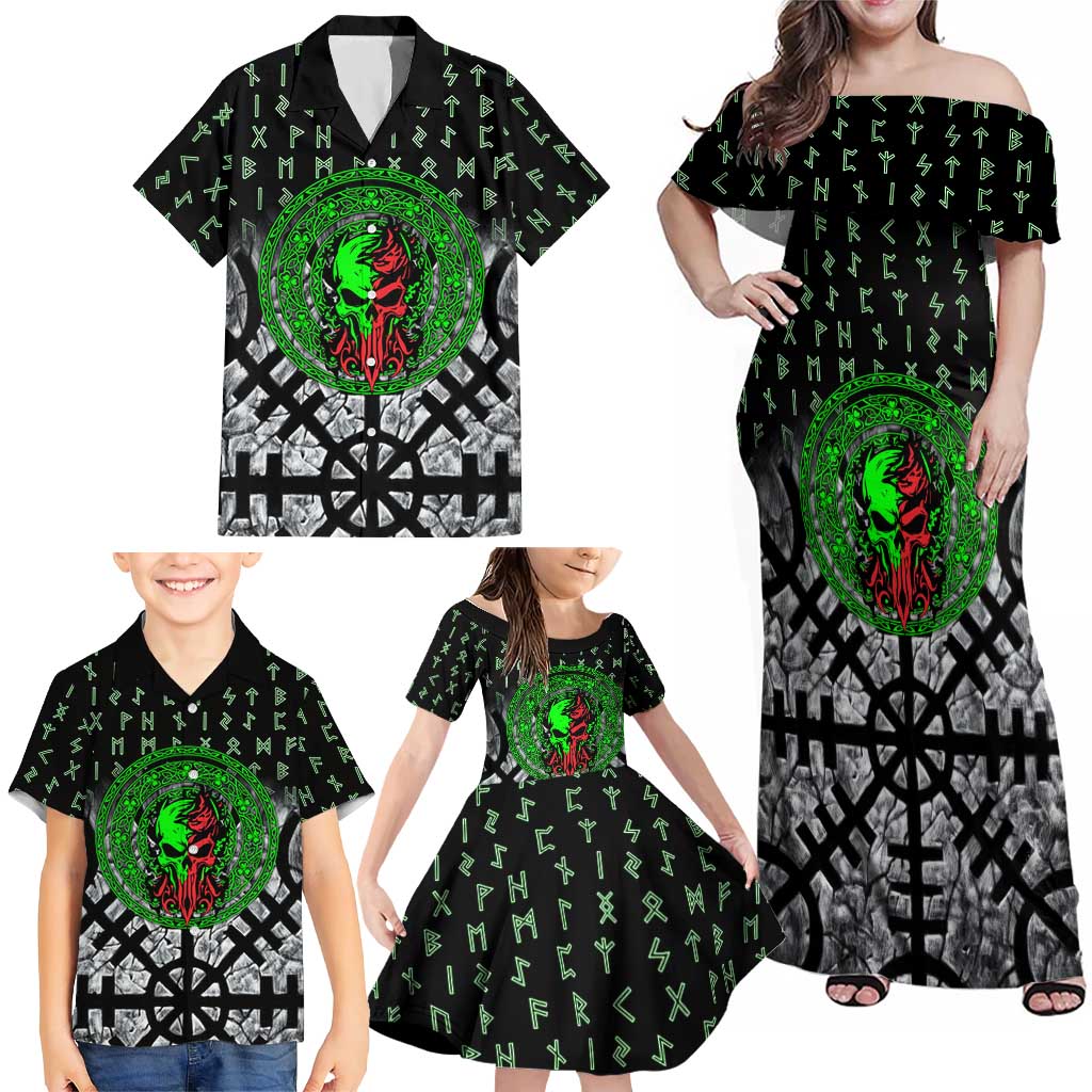Flaming Skull Family Matching Off Shoulder Maxi Dress and Hawaiian Shirt with Green Runes and Norse Symbols Viking Warrior Tribute - Wonder Print Shop