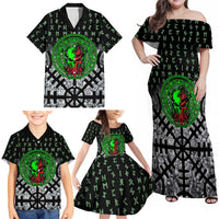 Flaming Skull Family Matching Off Shoulder Maxi Dress and Hawaiian Shirt with Green Runes and Norse Symbols Viking Warrior Tribute - Wonder Print Shop