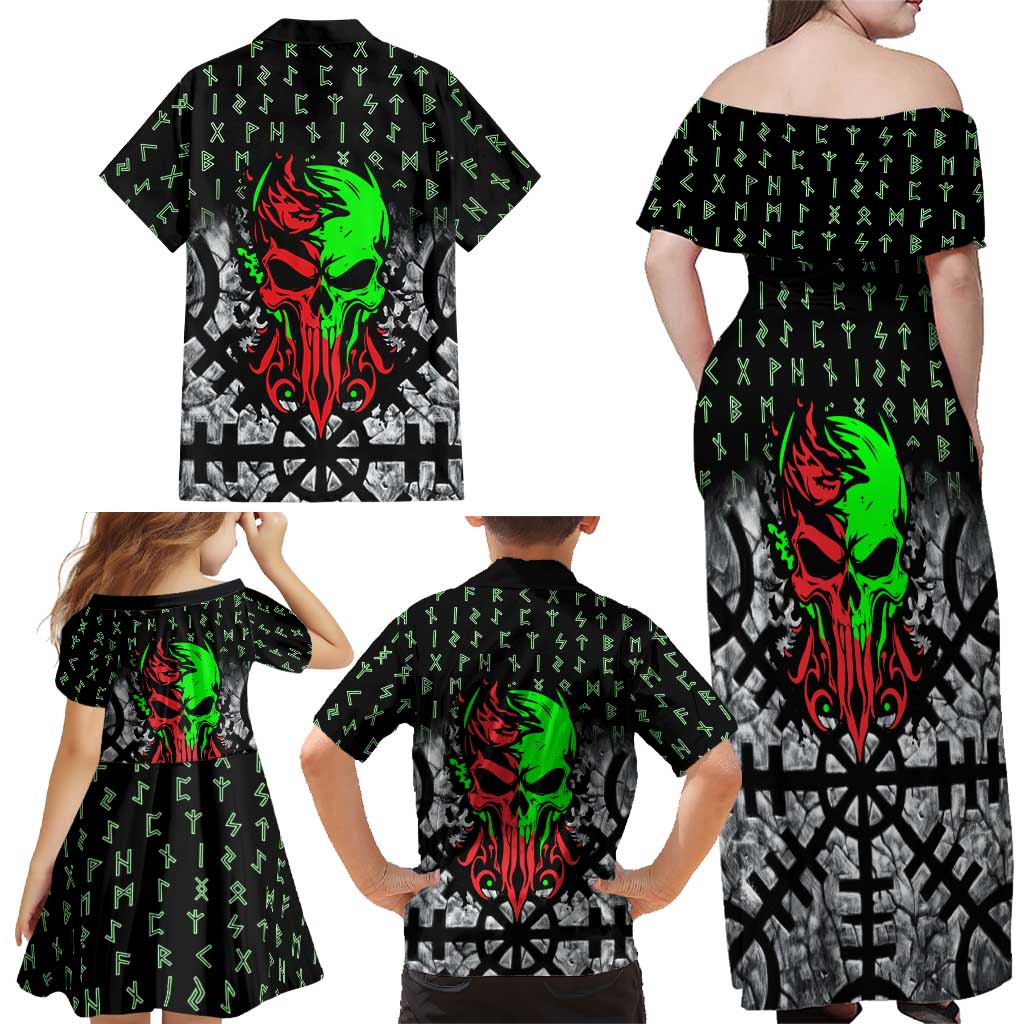 Flaming Skull Family Matching Off Shoulder Maxi Dress and Hawaiian Shirt with Green Runes and Norse Symbols Viking Warrior Tribute - Wonder Print Shop