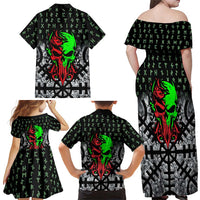 Flaming Skull Family Matching Off Shoulder Maxi Dress and Hawaiian Shirt with Green Runes and Norse Symbols Viking Warrior Tribute - Wonder Print Shop