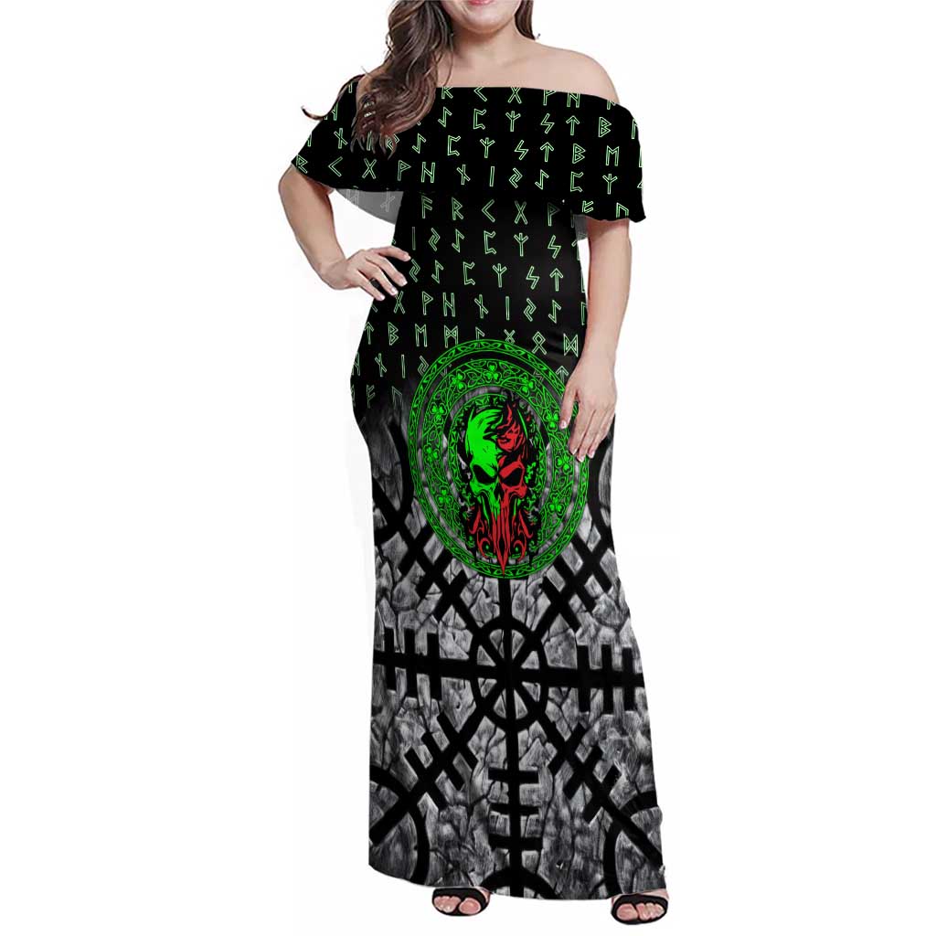 Flaming Skull Family Matching Off Shoulder Maxi Dress and Hawaiian Shirt with Green Runes and Norse Symbols Viking Warrior Tribute - Wonder Print Shop