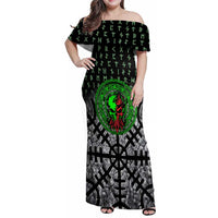 Flaming Skull Family Matching Off Shoulder Maxi Dress and Hawaiian Shirt with Green Runes and Norse Symbols Viking Warrior Tribute - Wonder Print Shop