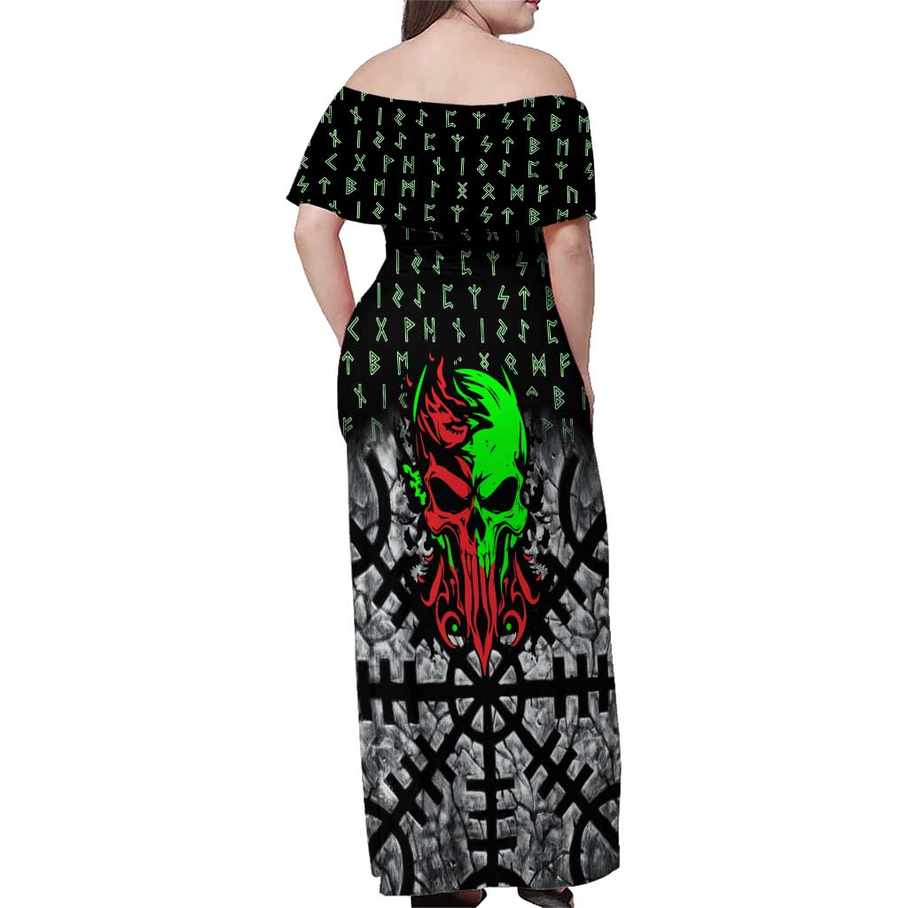 Flaming Skull Family Matching Off Shoulder Maxi Dress and Hawaiian Shirt with Green Runes and Norse Symbols Viking Warrior Tribute - Wonder Print Shop