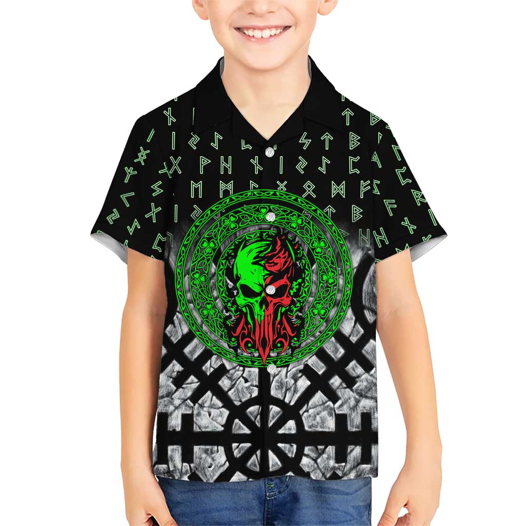 Flaming Skull Family Matching Off Shoulder Maxi Dress and Hawaiian Shirt with Green Runes and Norse Symbols Viking Warrior Tribute - Wonder Print Shop