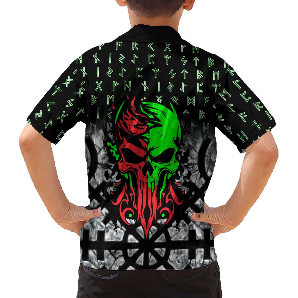 Flaming Skull Family Matching Off Shoulder Short Dress and Hawaiian Shirt with Green Runes and Norse Symbols Viking Warrior Tribute - Wonder Print Shop