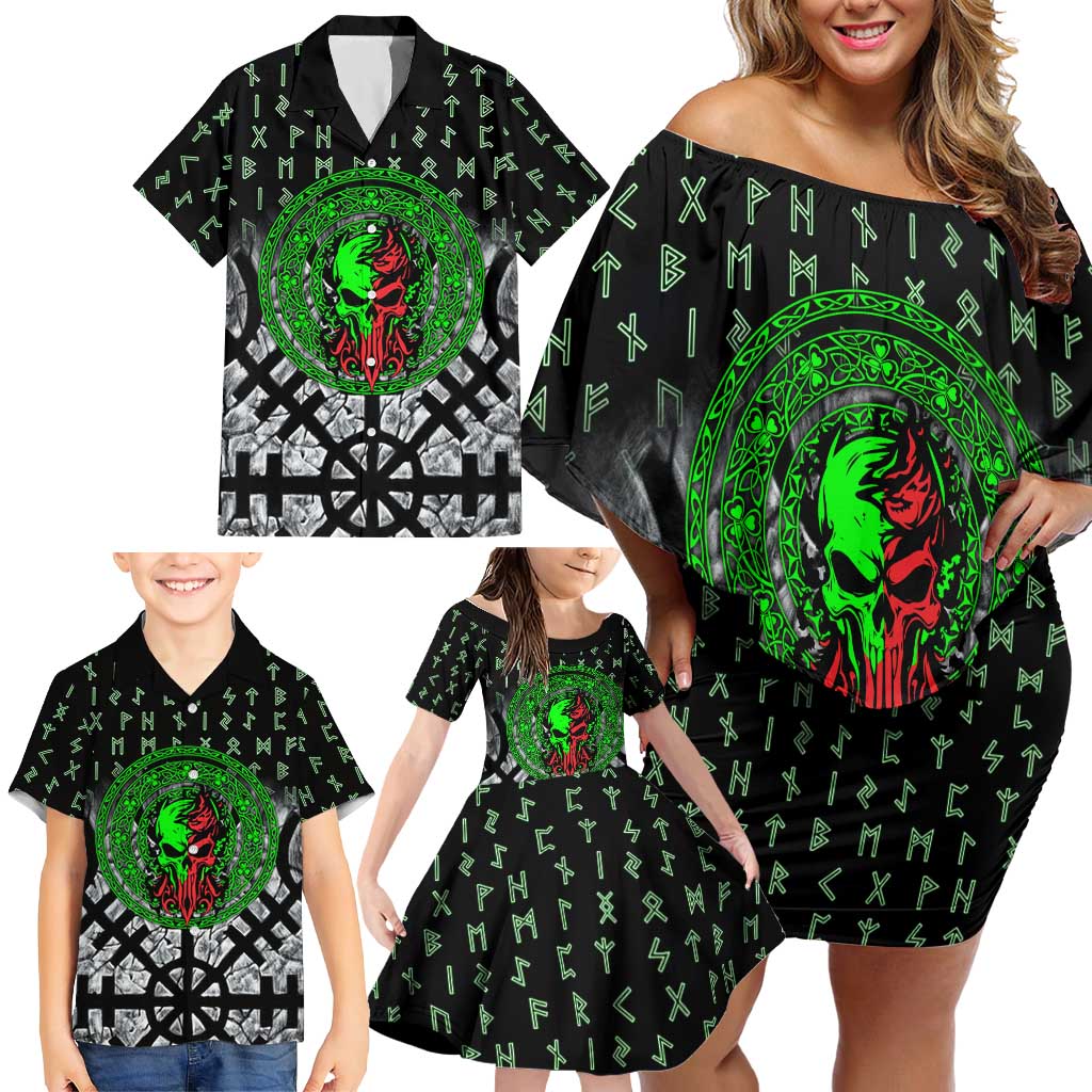 Flaming Skull Family Matching Off Shoulder Short Dress and Hawaiian Shirt with Green Runes and Norse Symbols Viking Warrior Tribute - Wonder Print Shop