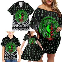 Flaming Skull Family Matching Off Shoulder Short Dress and Hawaiian Shirt with Green Runes and Norse Symbols Viking Warrior Tribute - Wonder Print Shop