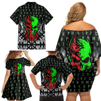 Flaming Skull Family Matching Off Shoulder Short Dress and Hawaiian Shirt with Green Runes and Norse Symbols Viking Warrior Tribute - Wonder Print Shop