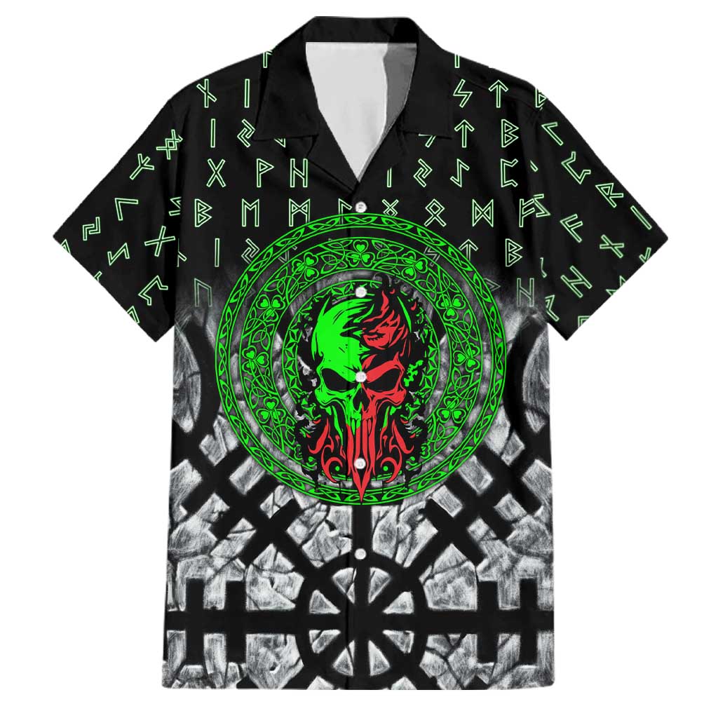 Flaming Skull Family Matching Off Shoulder Short Dress and Hawaiian Shirt with Green Runes and Norse Symbols Viking Warrior Tribute - Wonder Print Shop