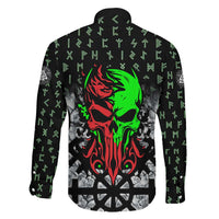 Flaming Skull Family Matching Off Shoulder Short Dress and Hawaiian Shirt with Green Runes and Norse Symbols Viking Warrior Tribute - Wonder Print Shop