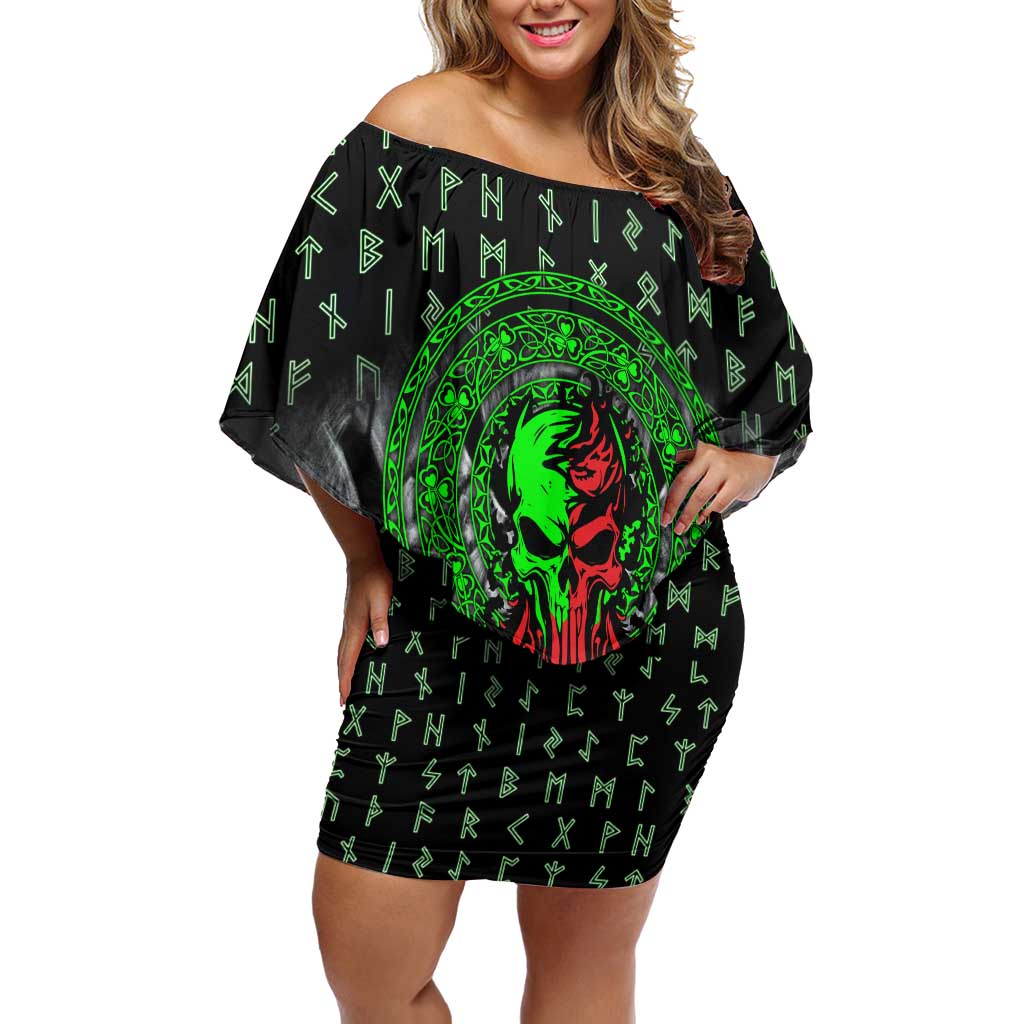 Flaming Skull Family Matching Off Shoulder Short Dress and Hawaiian Shirt with Green Runes and Norse Symbols Viking Warrior Tribute - Wonder Print Shop