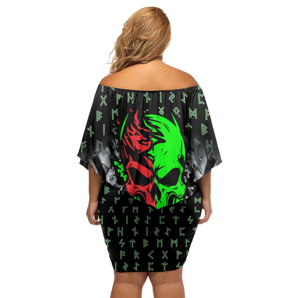 Flaming Skull Family Matching Off Shoulder Short Dress and Hawaiian Shirt with Green Runes and Norse Symbols Viking Warrior Tribute - Wonder Print Shop