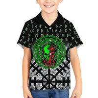 Flaming Skull Family Matching Off Shoulder Short Dress and Hawaiian Shirt with Green Runes and Norse Symbols Viking Warrior Tribute - Wonder Print Shop