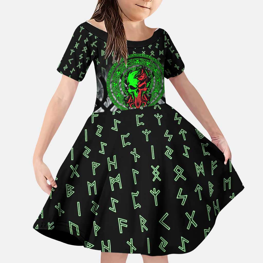Flaming Skull Family Matching Puletasi and Hawaiian Shirt with Green Runes and Norse Symbols Viking Warrior Tribute - Wonder Print Shop