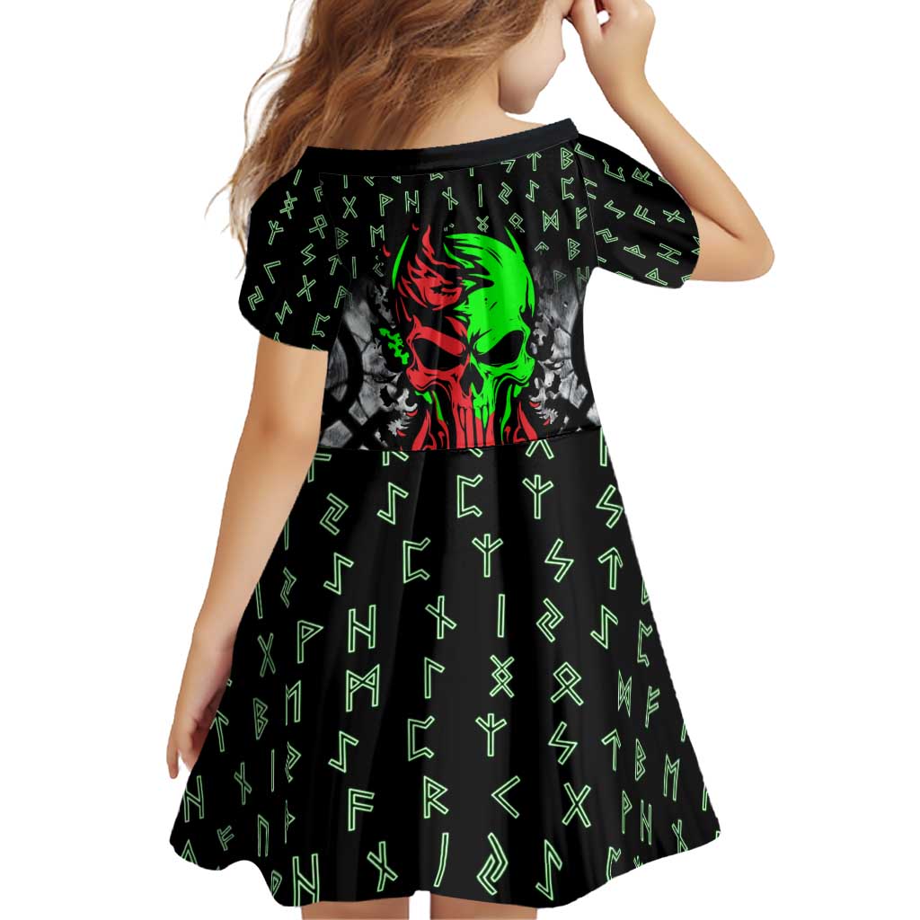 Flaming Skull Family Matching Puletasi and Hawaiian Shirt with Green Runes and Norse Symbols Viking Warrior Tribute - Wonder Print Shop