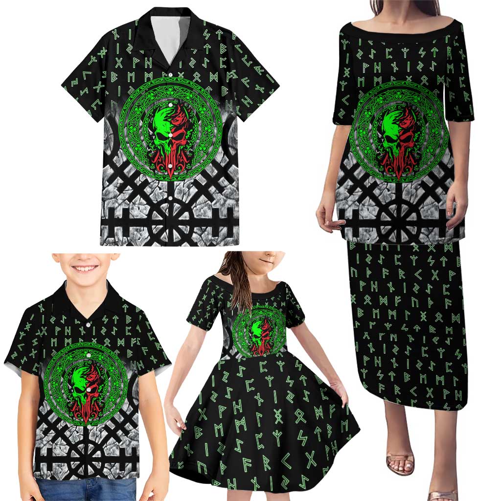 Flaming Skull Family Matching Puletasi and Hawaiian Shirt with Green Runes and Norse Symbols Viking Warrior Tribute - Wonder Print Shop