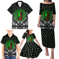 Flaming Skull Family Matching Puletasi and Hawaiian Shirt with Green Runes and Norse Symbols Viking Warrior Tribute - Wonder Print Shop