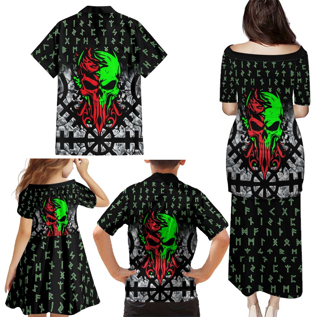 Flaming Skull Family Matching Puletasi and Hawaiian Shirt with Green Runes and Norse Symbols Viking Warrior Tribute - Wonder Print Shop
