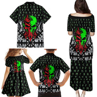 Flaming Skull Family Matching Puletasi and Hawaiian Shirt with Green Runes and Norse Symbols Viking Warrior Tribute - Wonder Print Shop