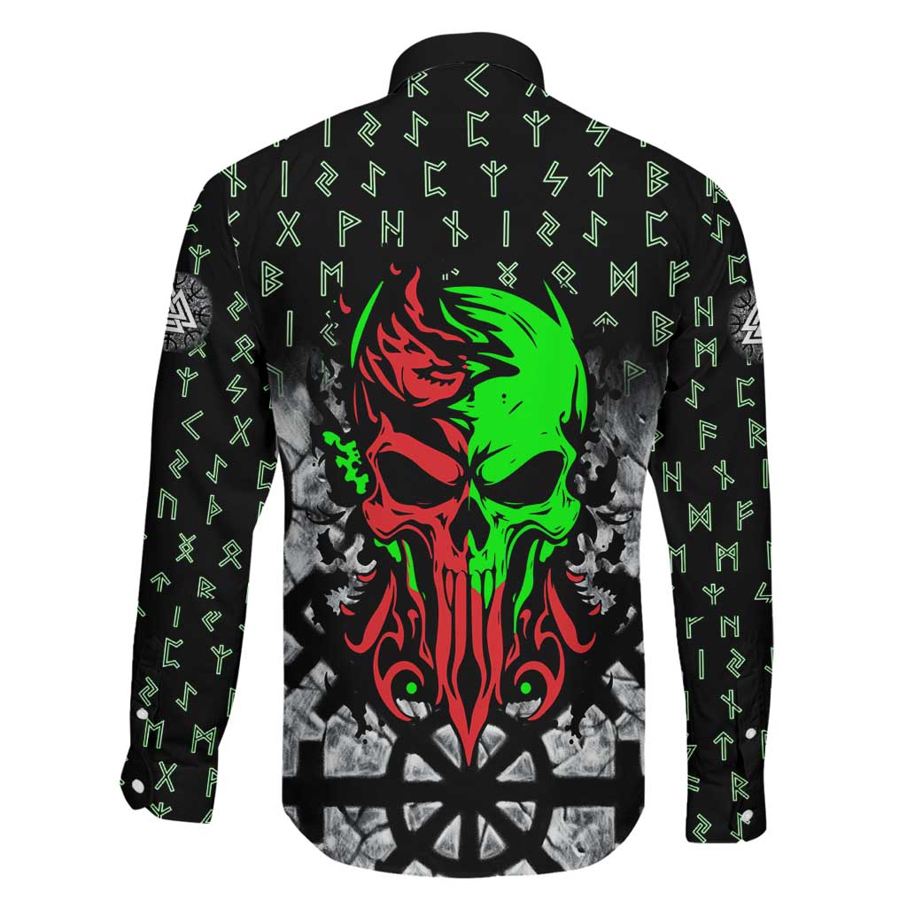 Flaming Skull Family Matching Puletasi and Hawaiian Shirt with Green Runes and Norse Symbols Viking Warrior Tribute - Wonder Print Shop